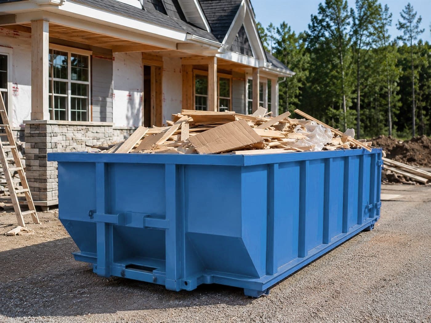 Blue roll-off dumpster filled with renovation debris at a home construction site